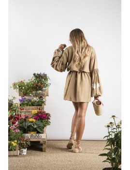 Robe courte avec manches bouffantes brodées fleurs - Boutique l'ananas